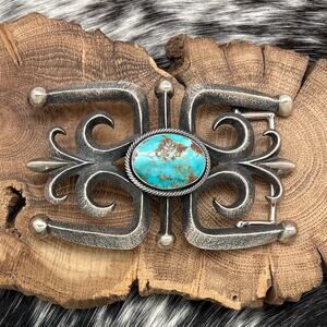 1980s Native American NAVAJO Sandcast Silver & Turquoise Belt Buckle Openwork